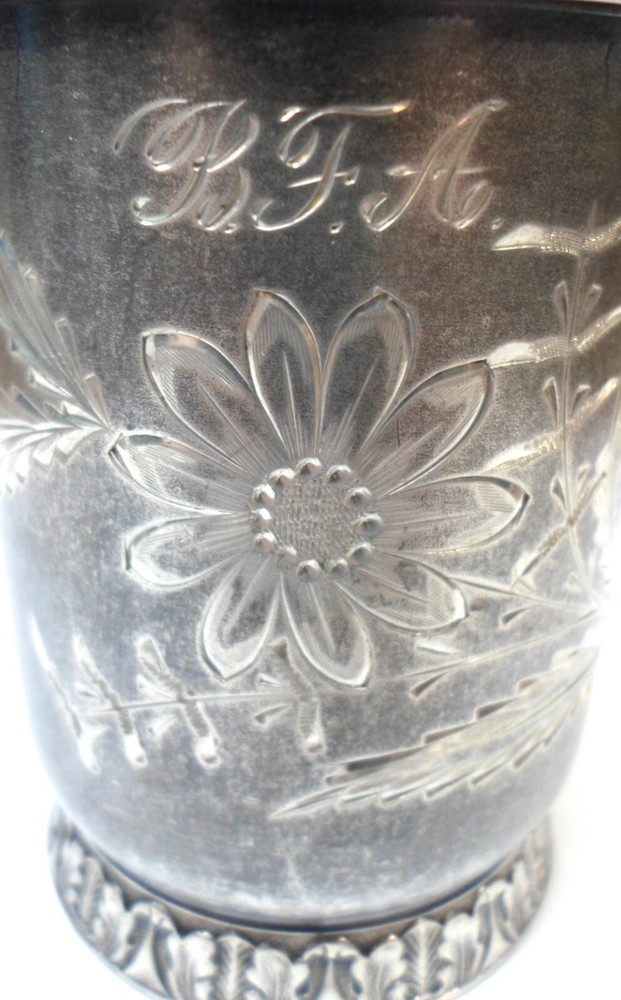 Antique VICTORIAN SILVER PLATED CUP - BFA Script Monogram 3" Tall