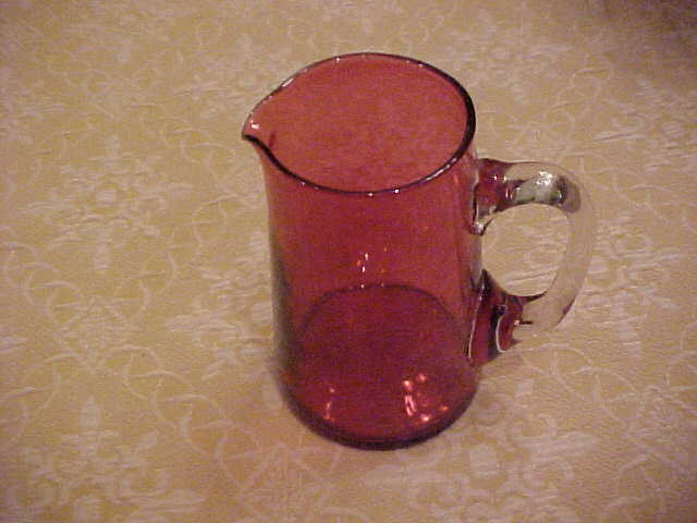 GORGEOUS CRANBERRY PITCHER W APPLIED CLEAR HANDLE 7" TALL HAND BLOWN HEAVY