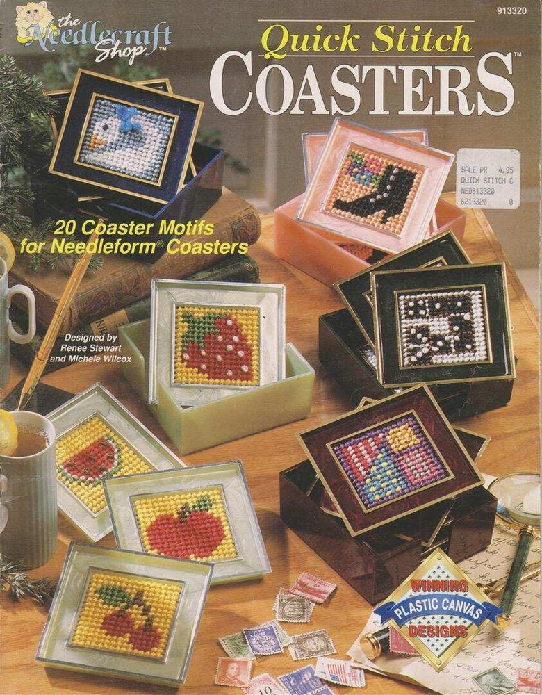 OOP!!! PLASTIC CANVAS QUICK STITCH COASTERS 20 MOTIFS
