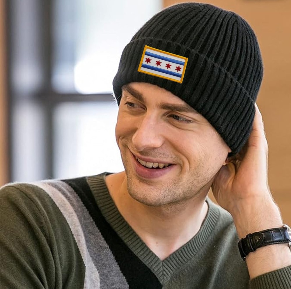 Chicago Flag Patch Cuffed Ribbed Beanie Hat Gold Border Black