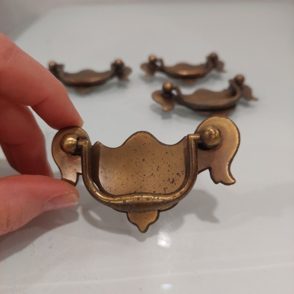 Four Small Vintage Brass Batwing Drop Bail Handle Drawer Pulls 3 1/8" wide