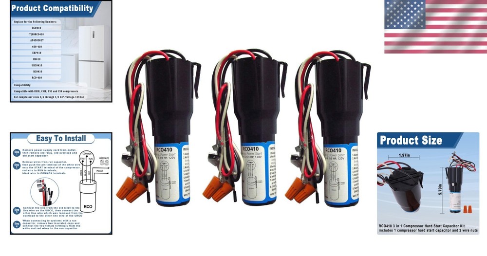 Durable Compressor Hard Start Kit for Refrigerators & Freezers - 3-Piece Set