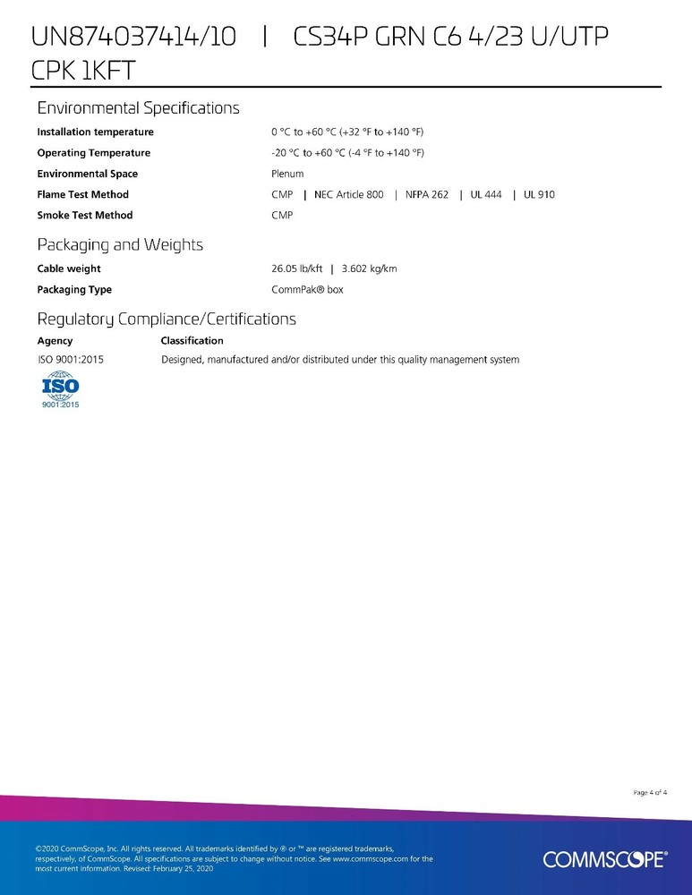 Commscope CS34P 23/4P Cat6 U/UTP WebTrak Plenum CMP Network Cable Green /100ft