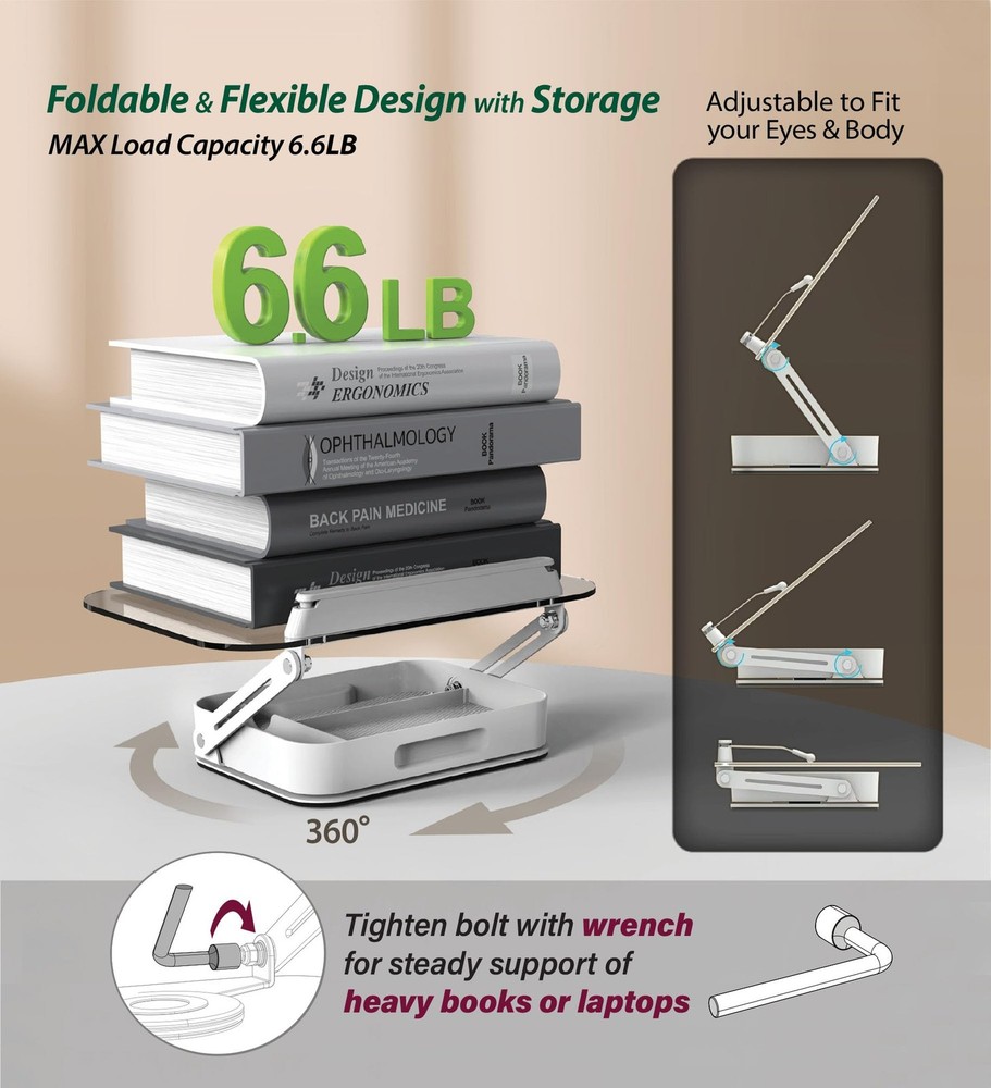 Acrylic Book Stand with Storage, 360° Rotating, Foldable Adjustable Holder wi...