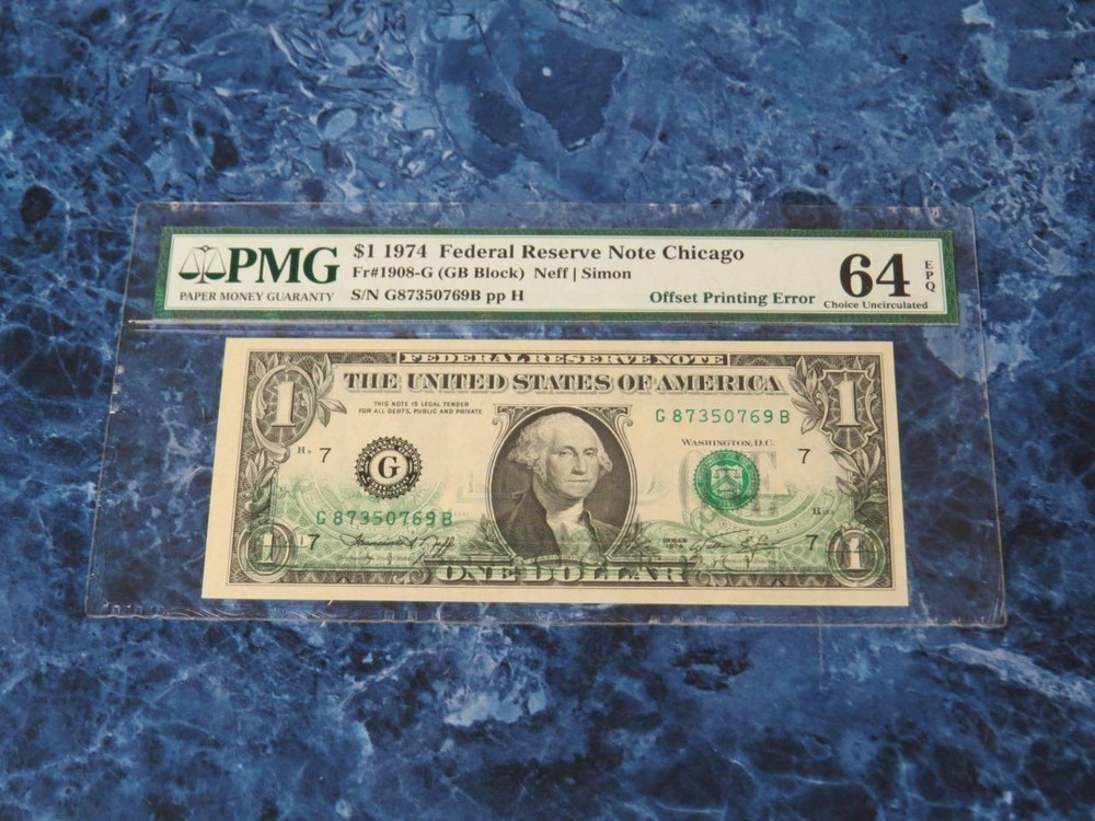 2 1974 $1 FR Notes Chicago Offset Printing Error PMG 64EPQ – Consecutive Serials