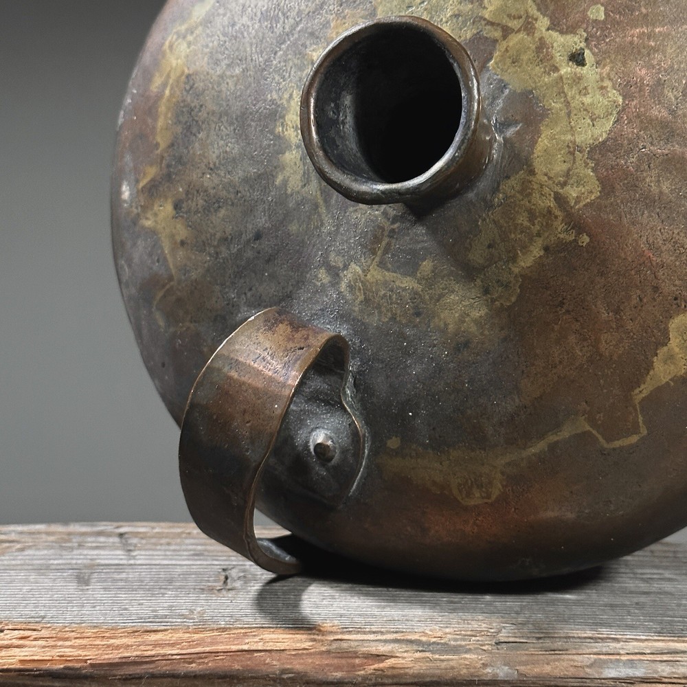 Antique Primitive Hammered Patinated Copper Handled Jug