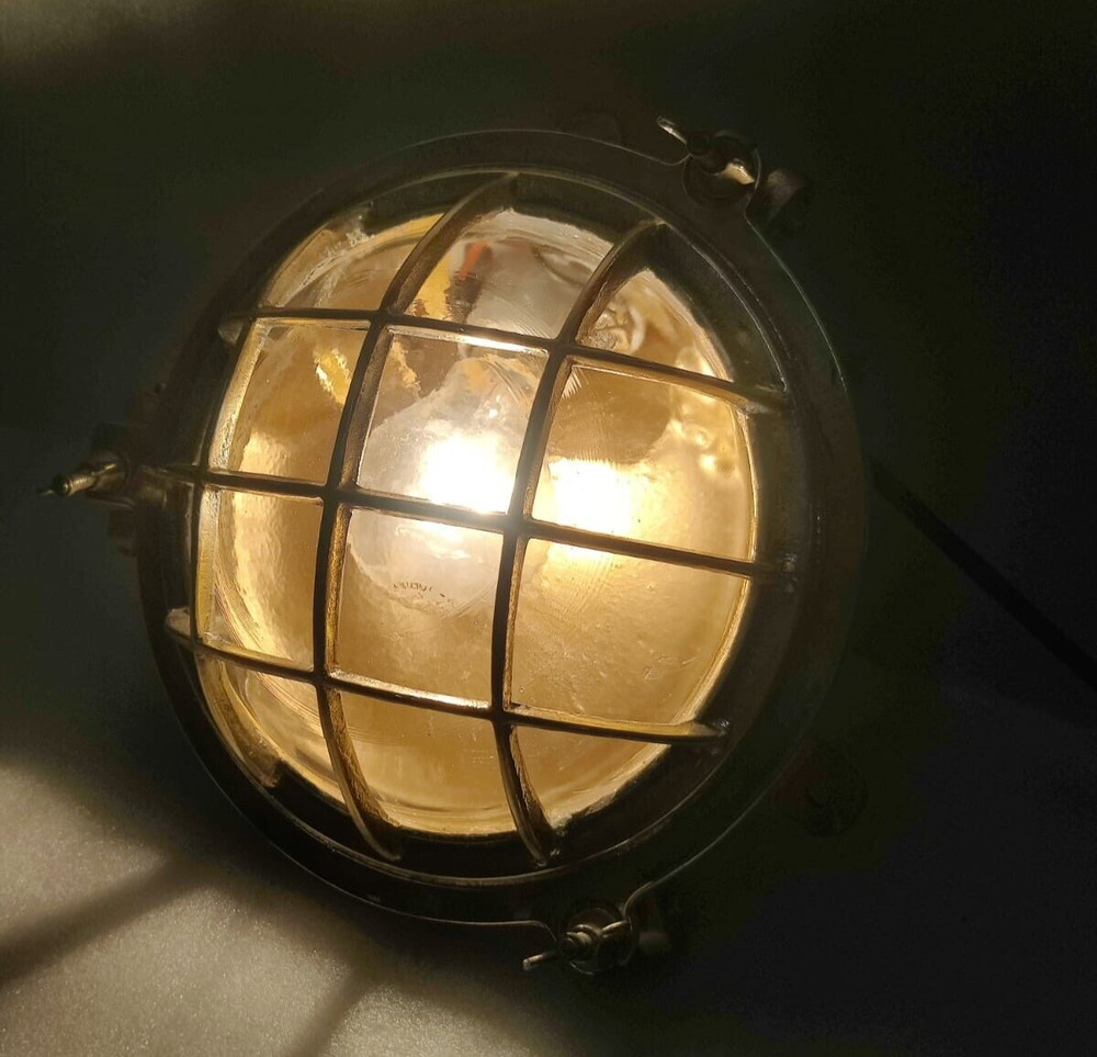 Vintage original Brass Cage&Iron Base Bulkhead passageway Light 2PC.