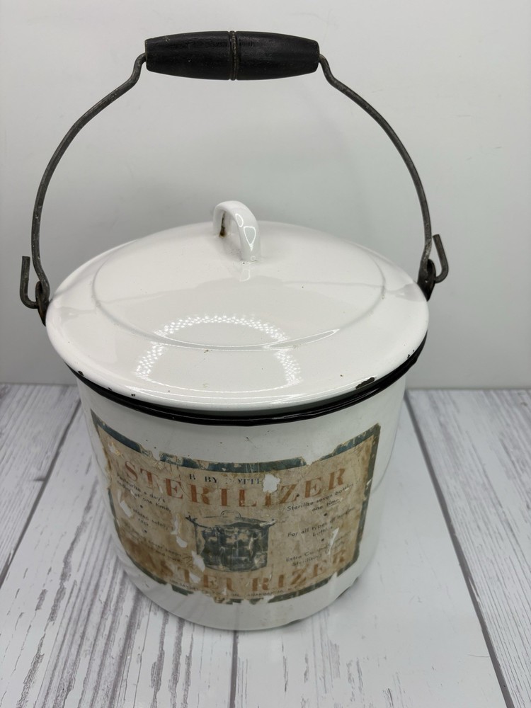 Flintstone Lisk White enameled ware Wood handle Sterilizer Pot Pasteurizer￼