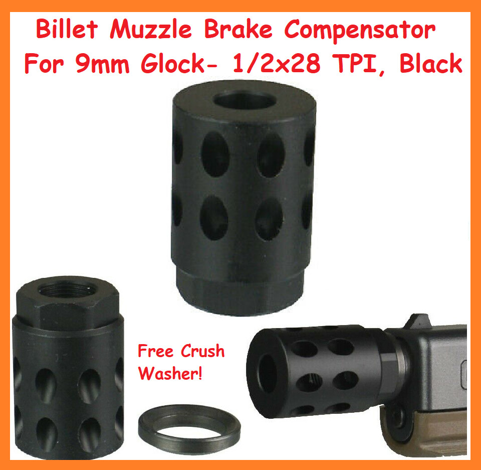 Billet Muzzle Brake Compensator For 9mm Glock- 1/2x28 TPI, Black