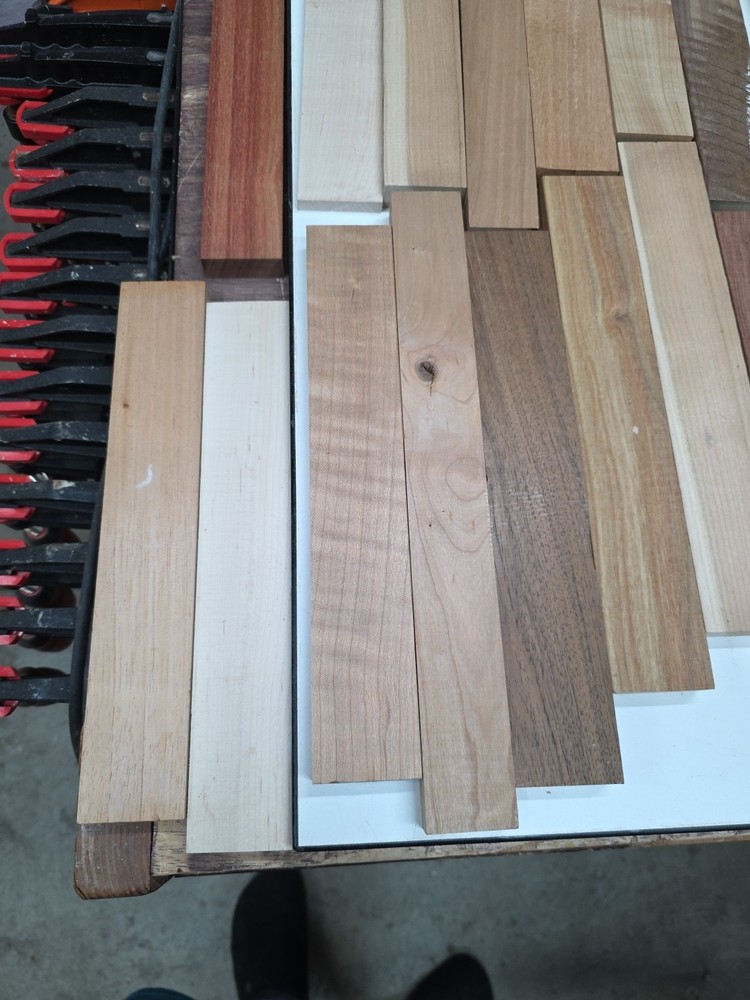 Assorted Domestic And Exotic Cutting Board Strips. 60 Total