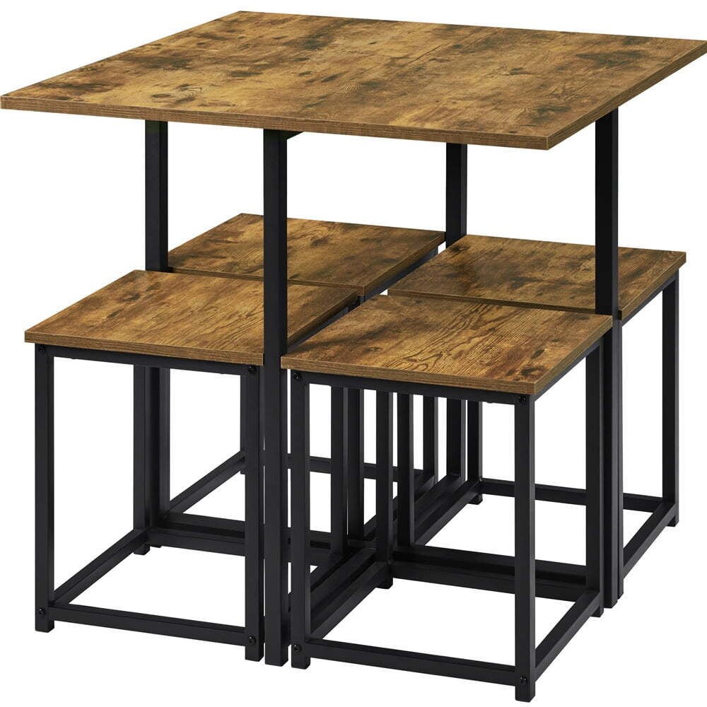 5Pcs Dining Set with Industrial Square Table and 4 Backless Chairs, Rustic Brow