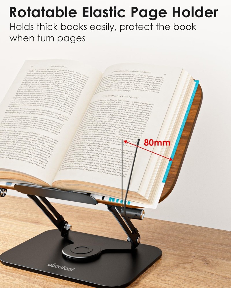 Book Stand for Reading Adjustable Holder with 360Â° Swivel Base & Page Clips