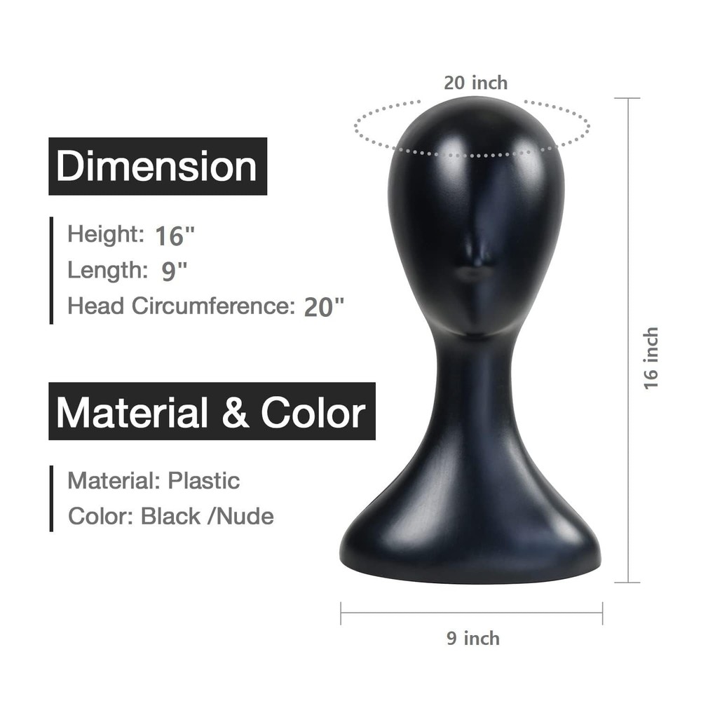 Plastic Mannequin Head 2pk Black, 16" Wig Hat Display Stand, Easy Clean
