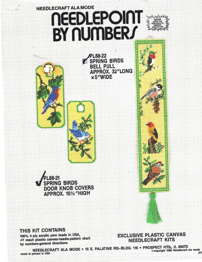 SPRING BIRDS BELL PULL & DOOR KNOB COVERS 7ct  plastic canvas  PATTERN (#TF0686)