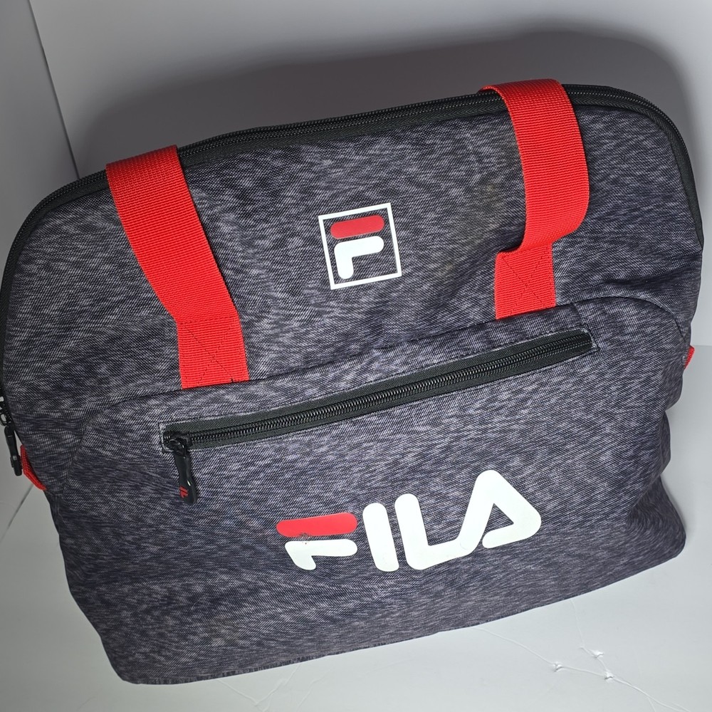 FILA Gym Bag Gray Red Black Zip Closure Adjustable Strap Polyester