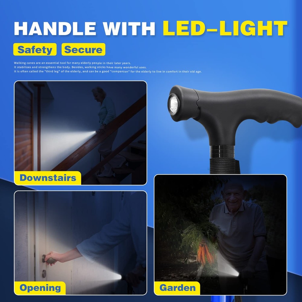 Folding Walking Cane with LED Light,Pivoting Quad Base,Adjustable Walking Sti...