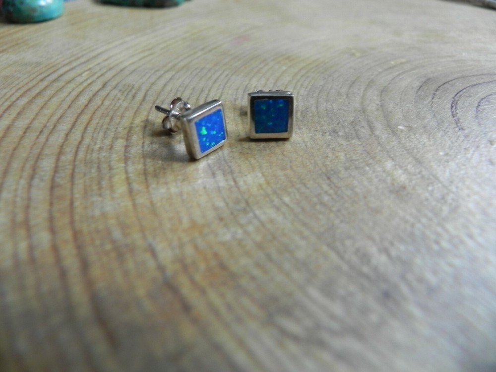 Blue Fire Opal & Sterling Silver .925 SQUARE Shape Stud Earrings