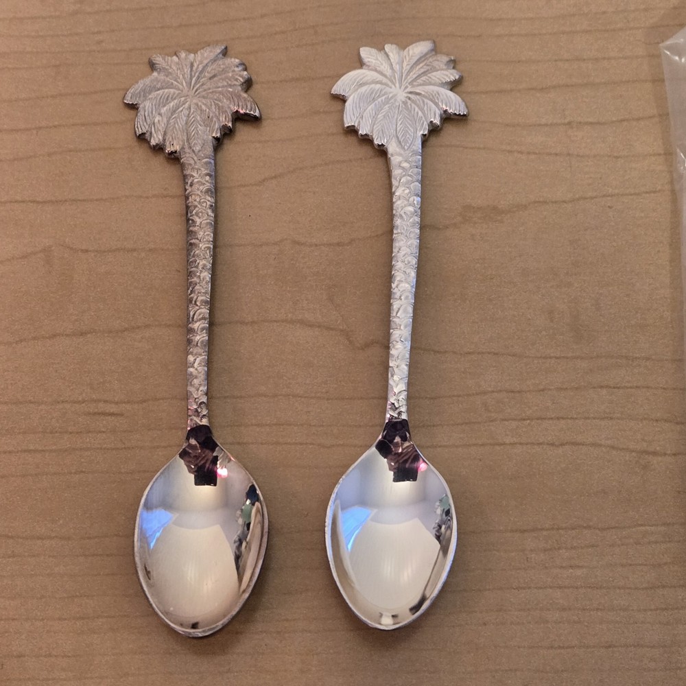 6 Mini Spoons Palm Tree Design Silver Tone Unmarked Baby Size Etched