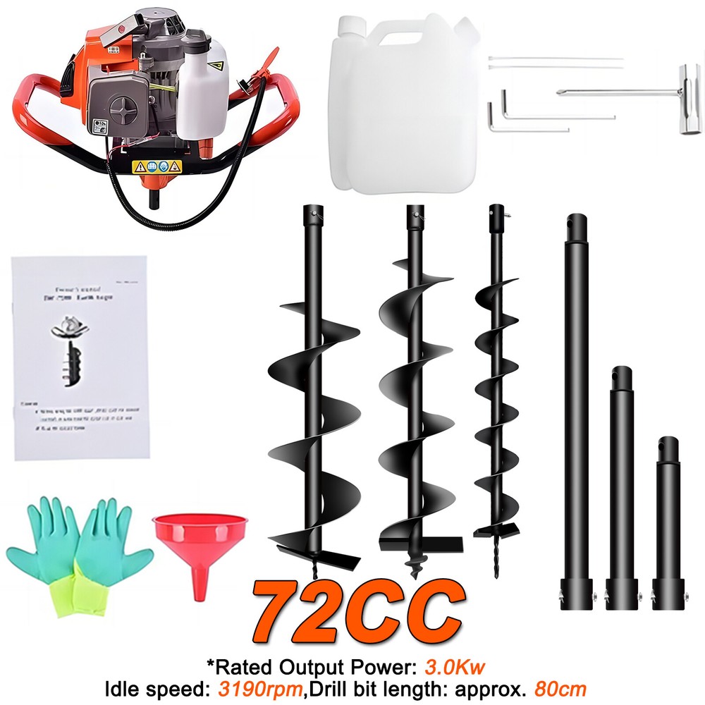 72CC Gas Powered Earth Auger with 3 Bits (4", 6", 8") & 3 Extension Rods