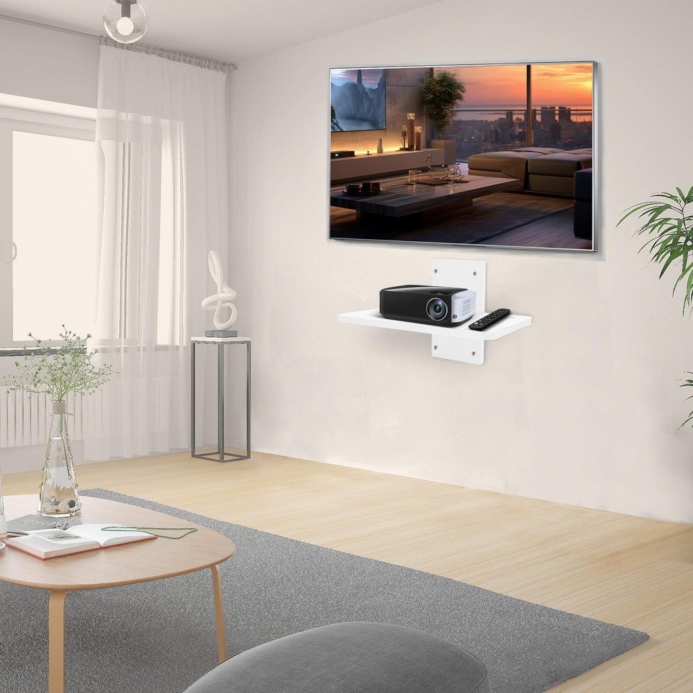Solid Wood White Mini Projector Mount and Wall Holder - Floating Shelf for Ro...
