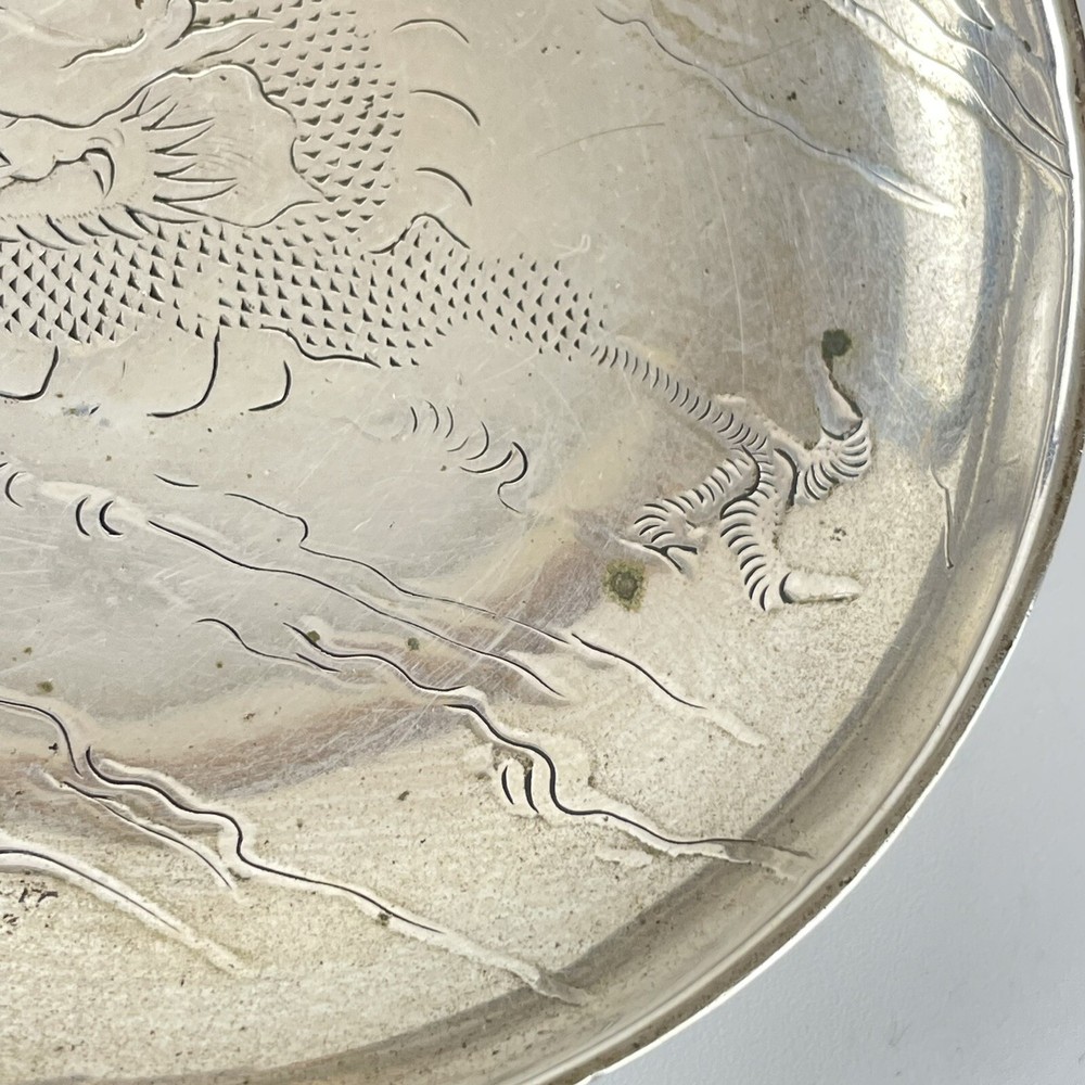 Antique Solid Silver Chinese Export Pin Dish With Dragon Luen Wo 9cm