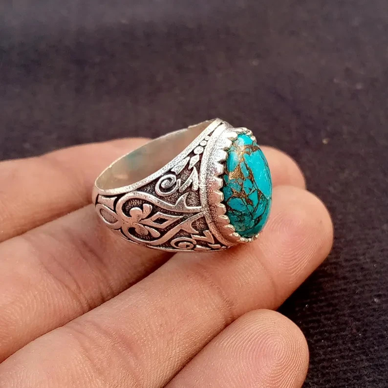 925 Sterling Silver Copper Turquoise Ring Statement Handmade Gift Men's Ring B89