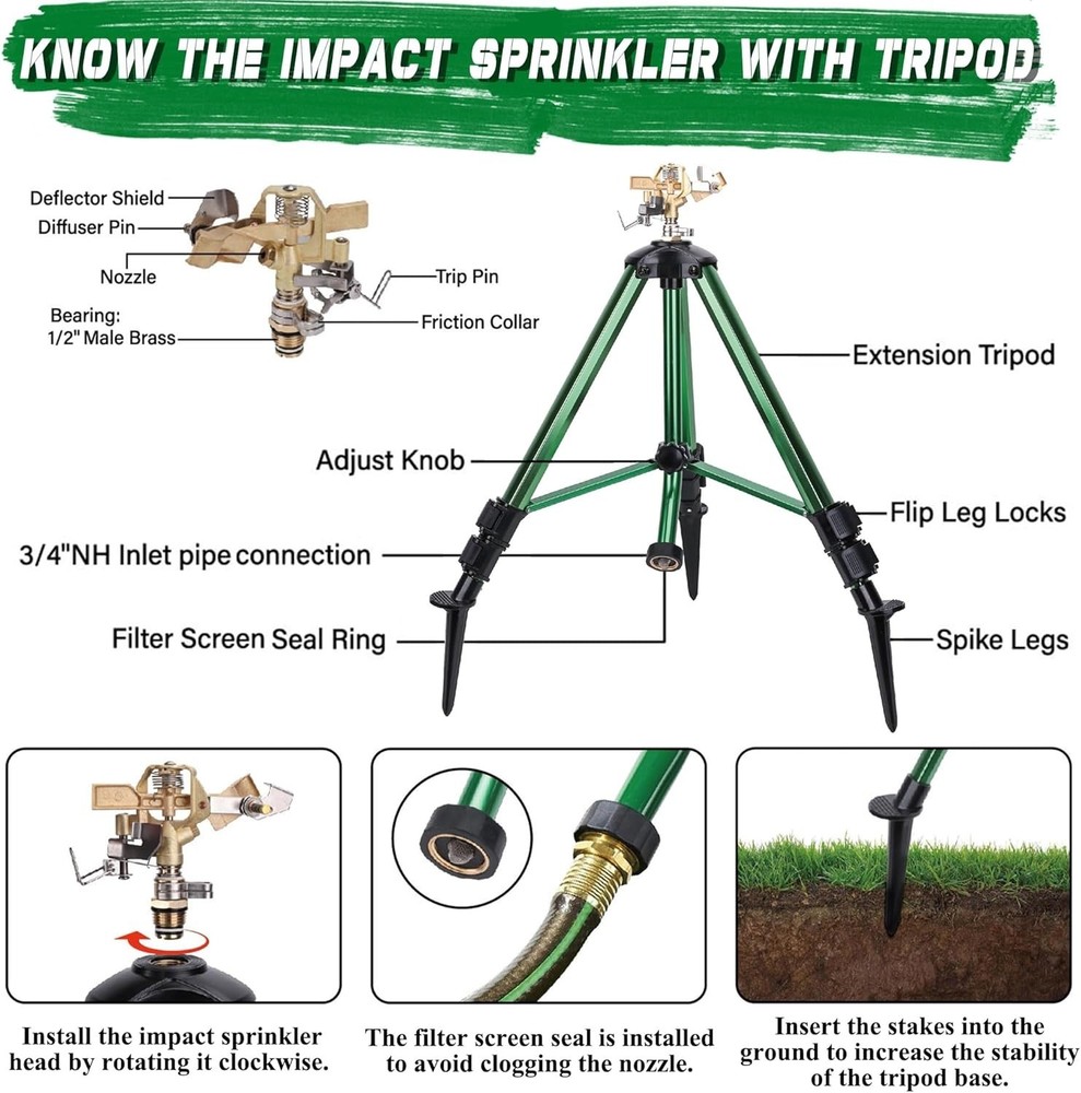 2 Pack Impact Sprinkler on Tripod Base with Stakes Large Area Coverage
