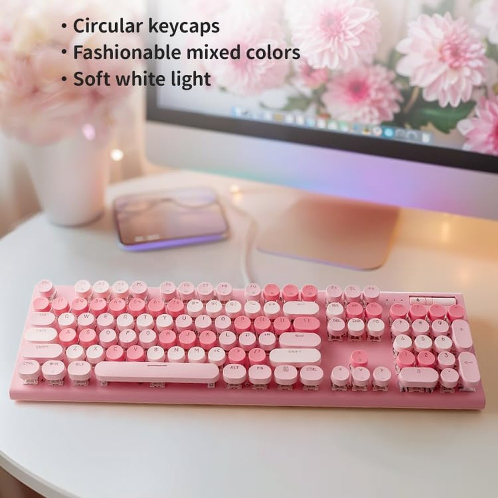 Cute Pink Keyboard Wired, with White Backlit Typewriter, Volume Knob, Light S...