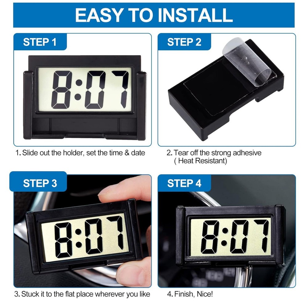 Portable 3 Pack Mini Digital Clock Small Adhesive Stick On Battery Operated Easy