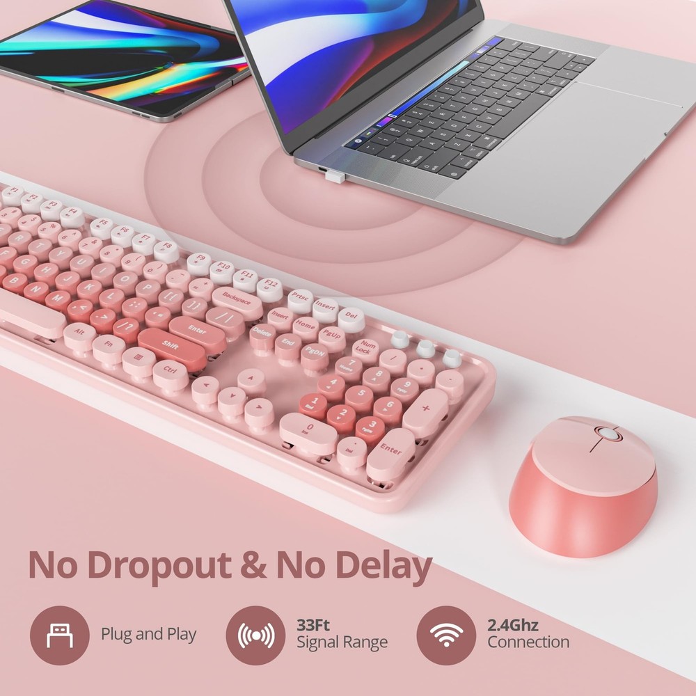 Pink Gradient Keyboard and Mouse, Cute Wireless Keyboard and Mouse Combo, Ful...