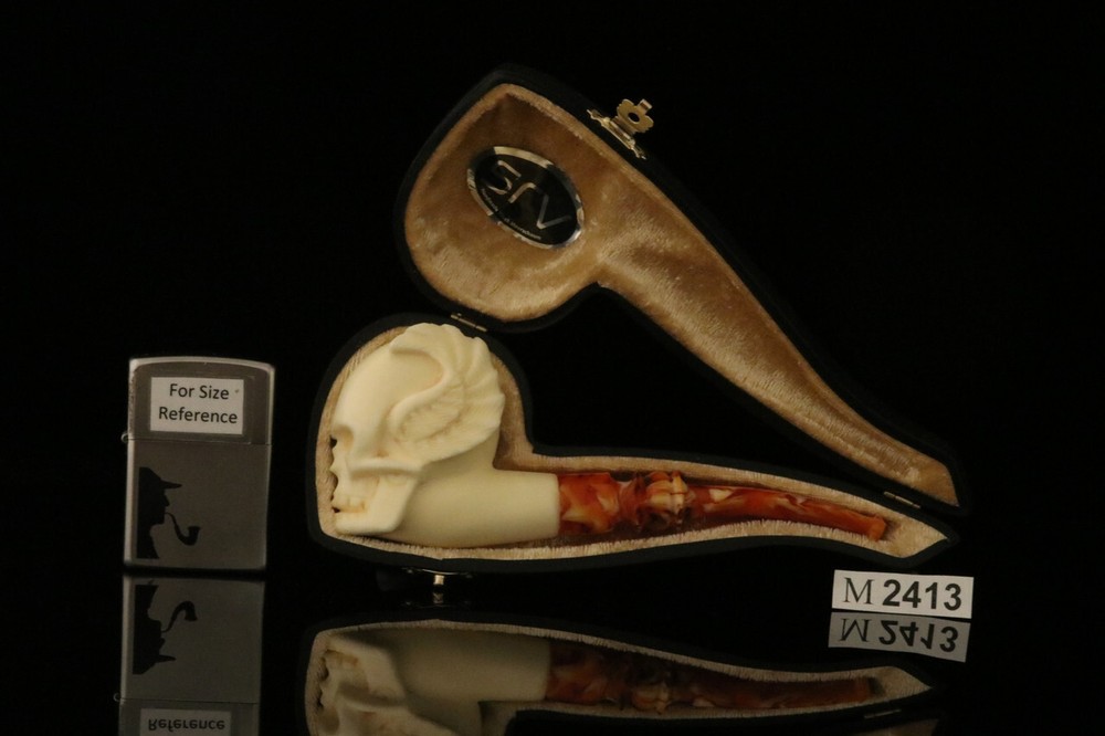 srv - Winged Skull Block Meerschaum Pipe with custom case M2413