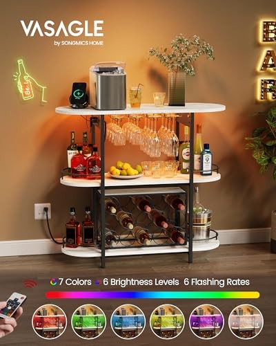 Bar Cabinet with LED Lights and Power Outlets, Rustic White Rustic