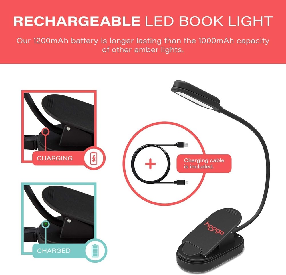 Amber Book Light Rechargeable Clip-On Blue Light Blocking LED Reading Light