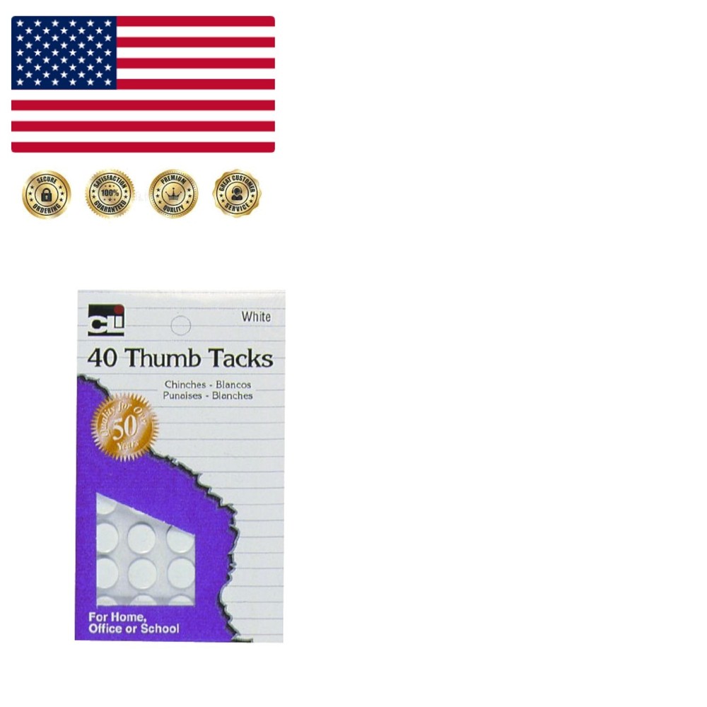 40-Pack White Painted Thumb Tacks - Rust Resistant Brass Plated Style