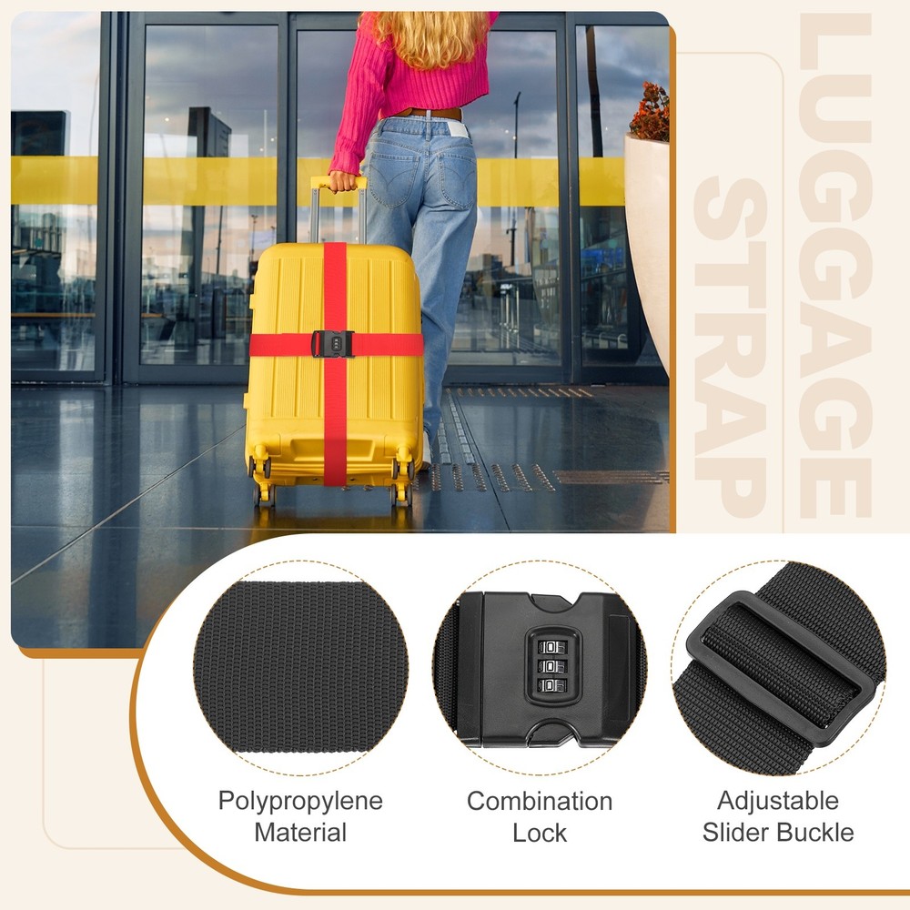 4pcs Luggage Straps with Combination Lock Adjustable Suitcase Belt, Black