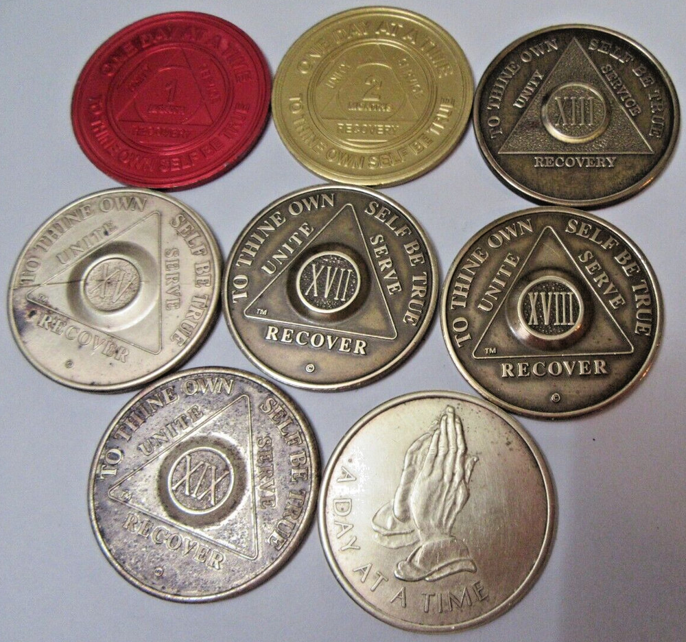 Alcoholics Anonymous medallion 1 mo. , 2mo. , 13 , 15 , 18 , 19 year Bronze AA