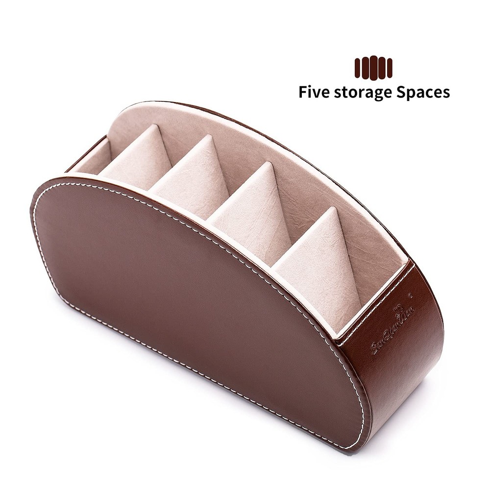 PU Leather Remote Control Holder Organizer Box with 5 Compartments Brown