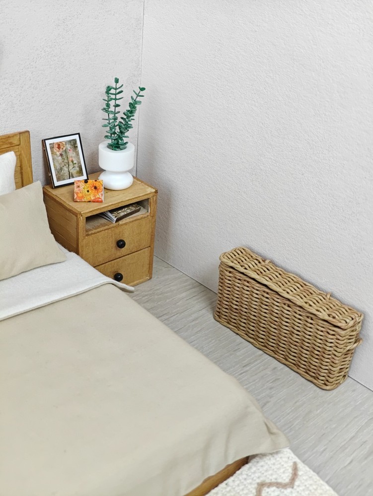 1:12 dollhouse wicker oversized rectangular narrow storage lidded basket