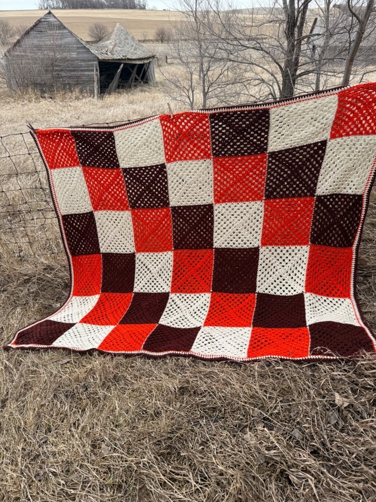 Vintage 1970s Crochet Patchwork Afghan Throw Boho Retro