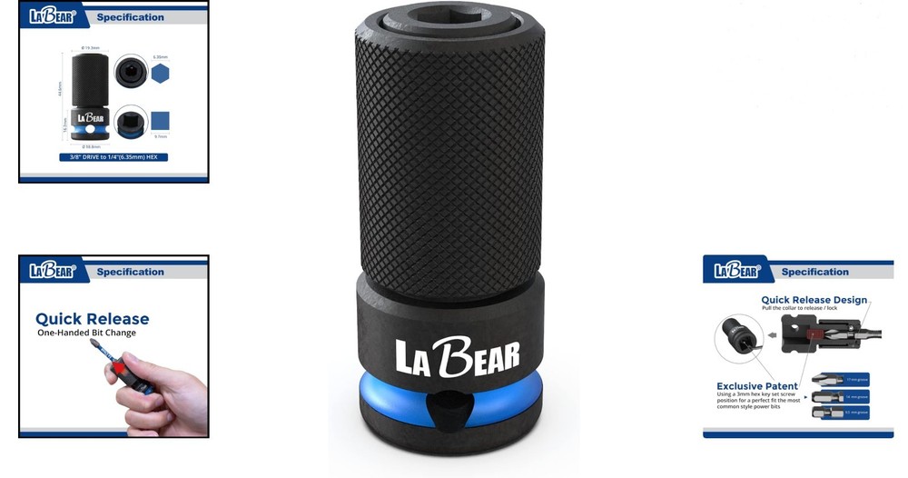 3/8" to 1/4" Hex Impact Adapter with Quick Release & Adjustable Screw, Cr-Mo ...