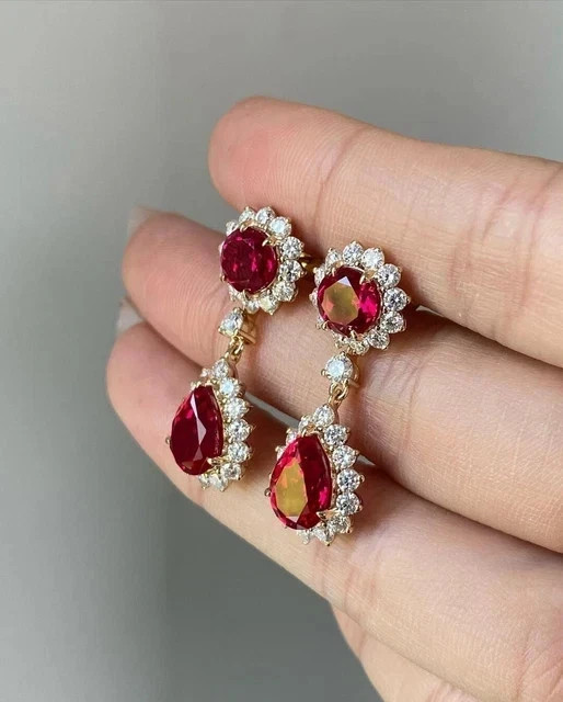 Lab-Created Red Ruby 3Ct Pear Cut Drop/Dangle Earrings 14K Yellow Gold Plated