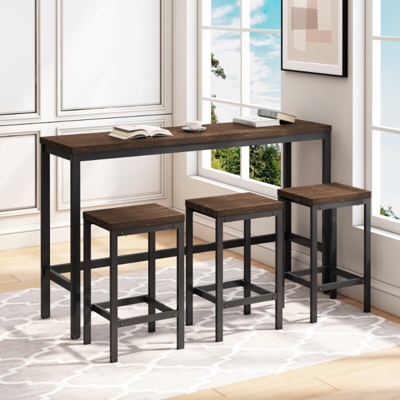 Brown Modern Kitchen Dining Table Pub Table Long Dining Table Set with 3 Stools