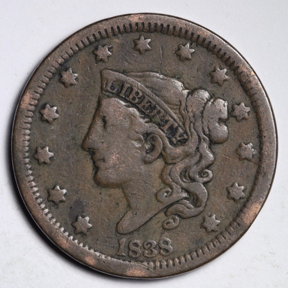 1838 Coronet Head Large Cent CHOICE FINE+/VF E200 ZNL