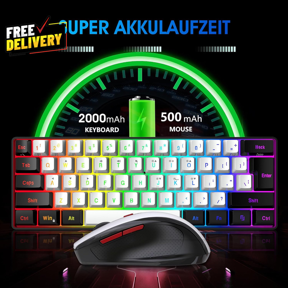 2.4G Wireless Gaming Keyboard and Mouse Combo Include Mini 60% Merchanical......