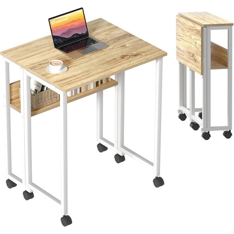 Folding Rolling Desk W/ Storage Shelf Portable Compact Computer Desk Small Space