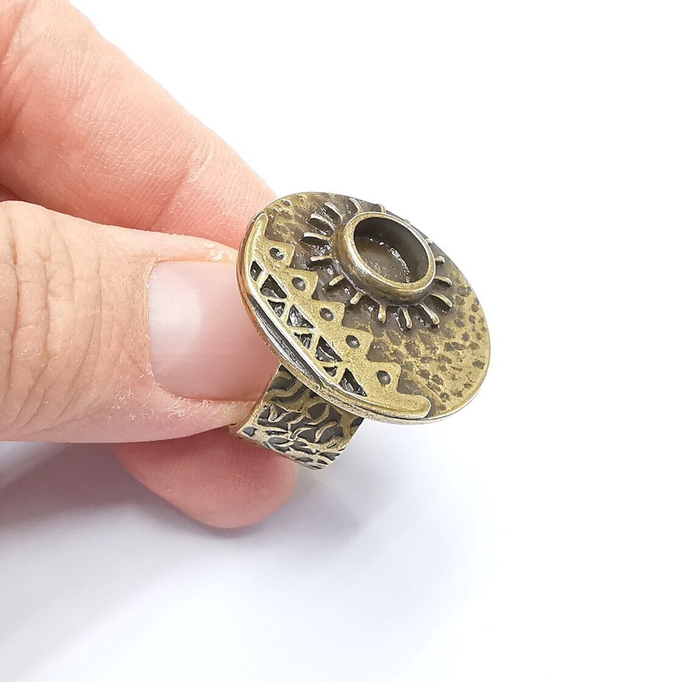 Sun Motif Ring Blank Setting, Cabochon Mounting, Adjustable Resin Base, Inlay