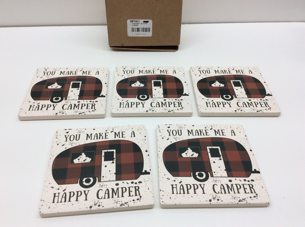 Ceramic Tile Coaster 4" Happy Camper Cork Backing Set of 5
