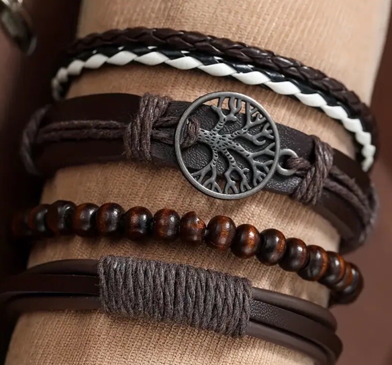 4 PC Leather Punk Bracelet Stackable Adjustable Tie New Free Ship B2770