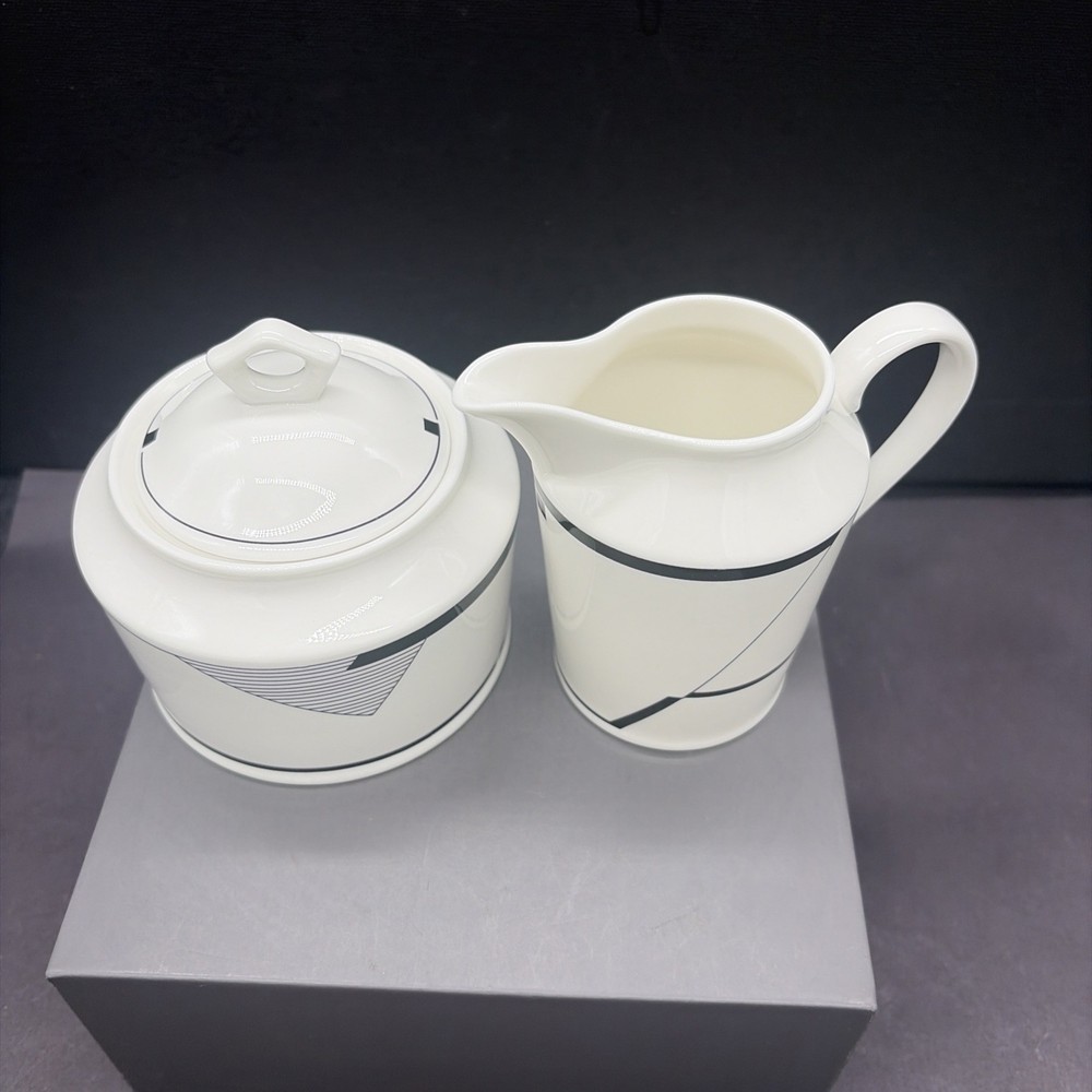 Mikasa ANGLES White Black Geometric Creamer Sugar Bowl Retired Pattern NWT