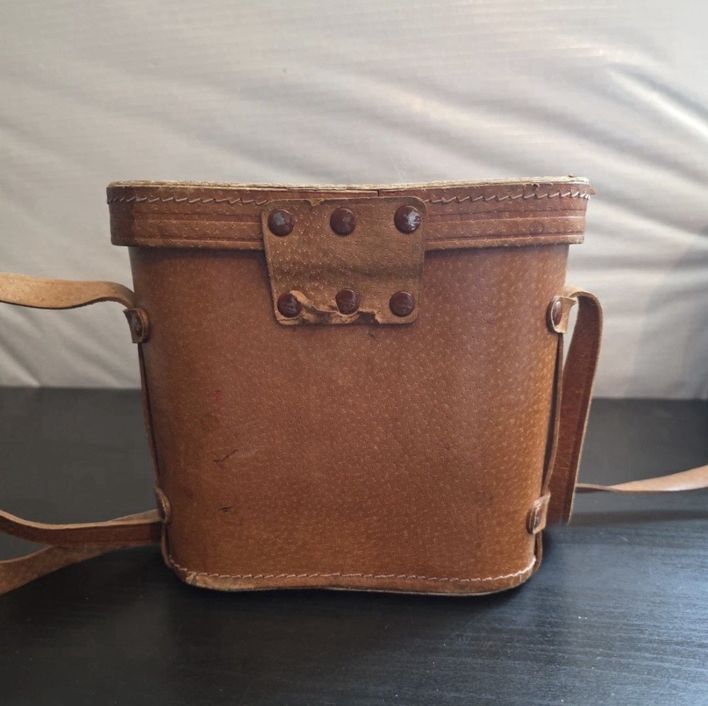 Vintage Brown Leather Binocular Case, Red Lining With Binoculars